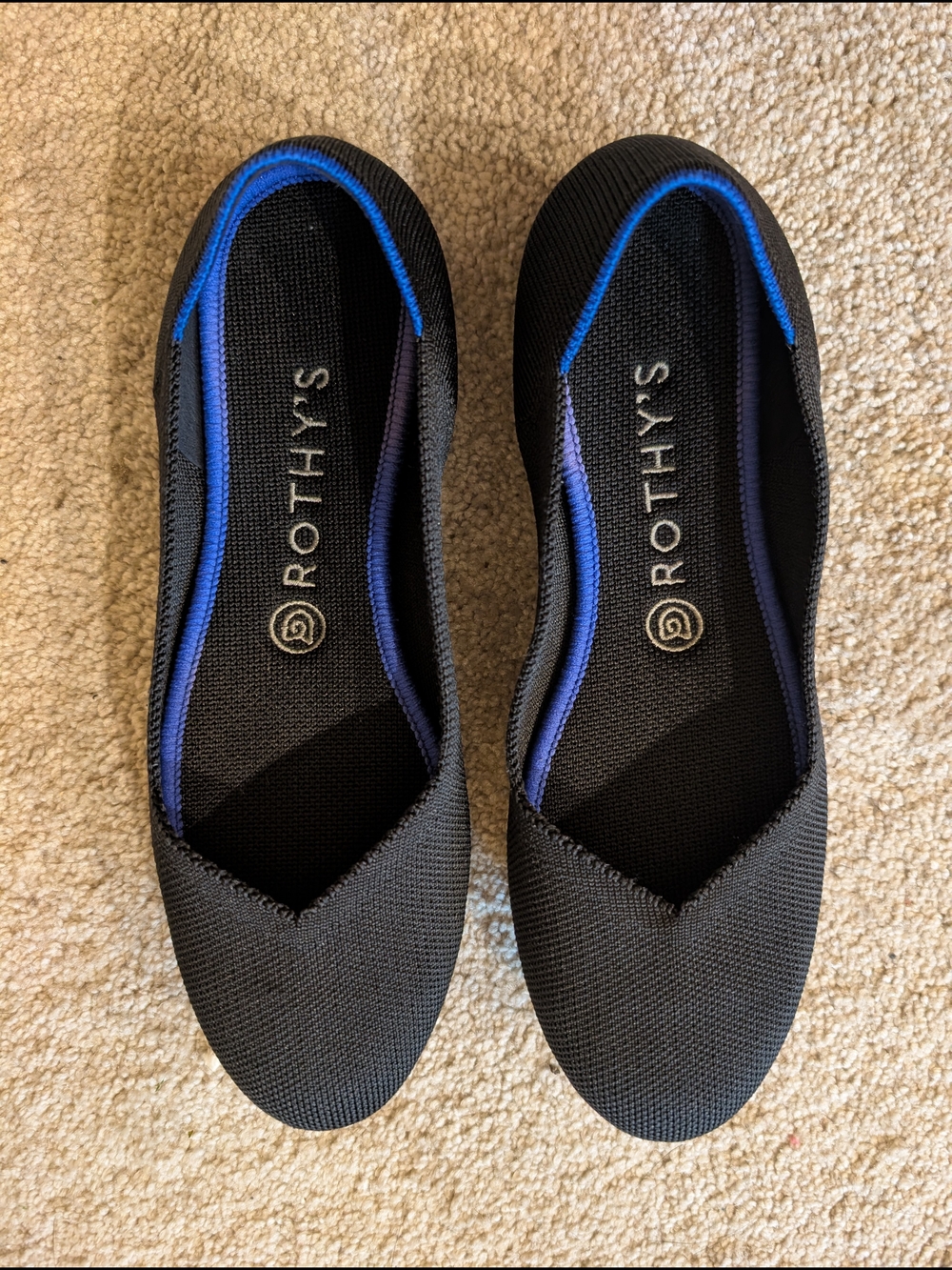 Rothy's Black Knit Ballet Flats with Blue Trim